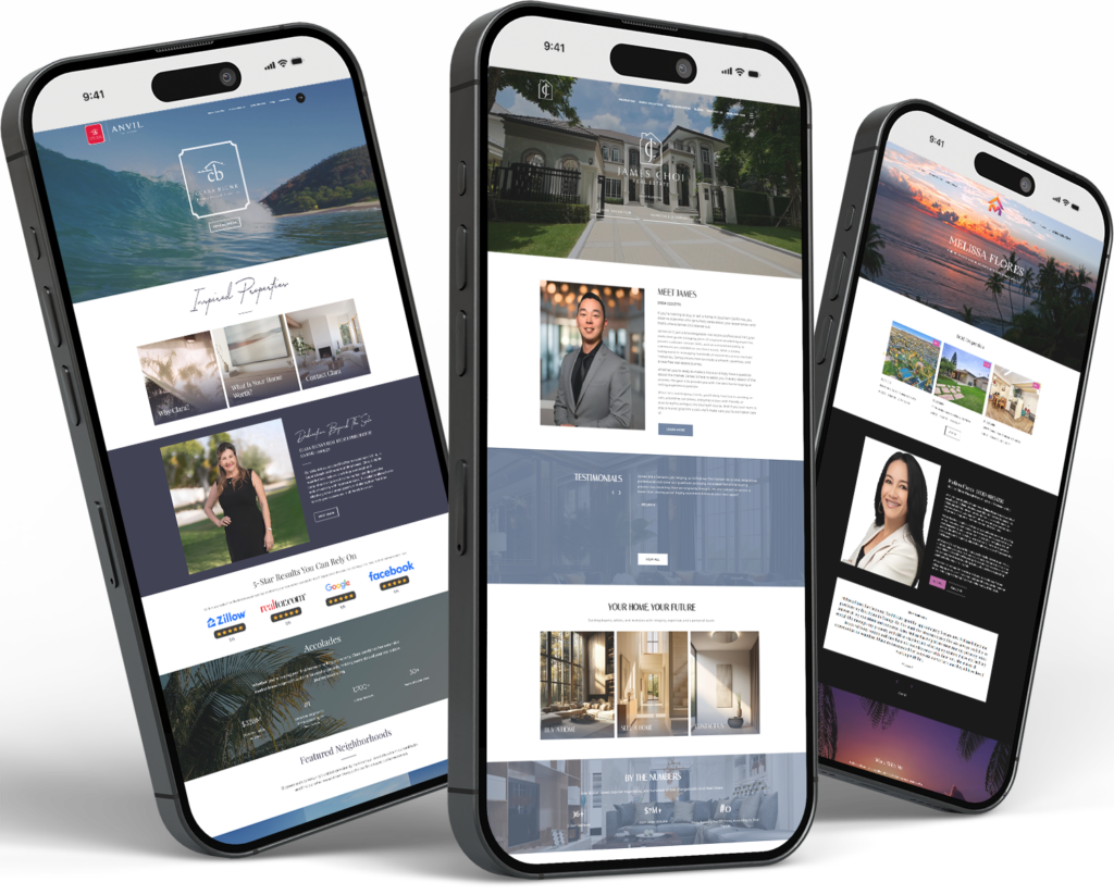 Mobile phone mockups showing real estate website pages